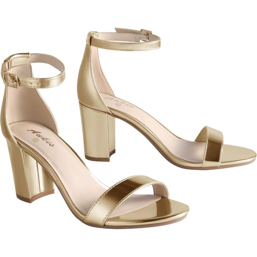 〽️Women's Gold Pu Open Toe Ankle Strap Chunky Heel Sandals with 2.75 Inch Heel